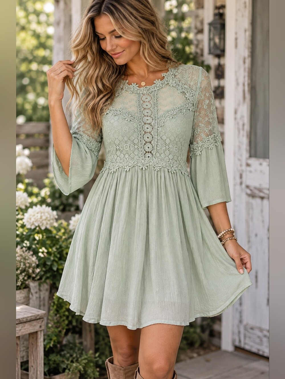 Umgee Green Lace Embroidered Boho Tunic Mini Dress M Cottagecore Boho Whimsi